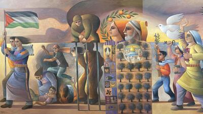 Sliman Mansour's 'Revolution was the Beginning' traces the Palestinian fight for independence, from start of the displacement on the right to a march with the Palestinian flag on the left. Courtesy the artist and Zawyeh Gallery