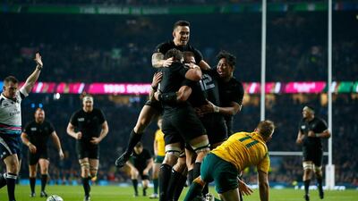 New Zealand players celebrate their team's second try scored by Ma'a Nonu of New Zealand during the 2015 Rugby World Cup Final match against Australia at Twickenham Stadium on October 31, 2015 in London. New Zealand made history, becoming the first team to win back-to-back World Cup titles with a 34-17 win. Mike Hewitt / Getty Images