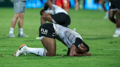 Fiji players celebrate their win. Victor Besa / The Natio