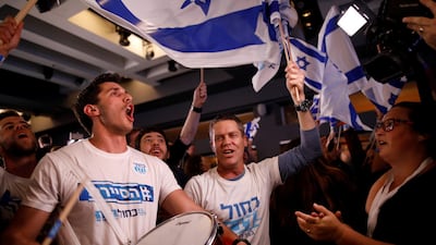 Supporters of Benny Gantz's Blue and White party react to exit polls in Israel's parliamentary election at the party headquarters in Tel Aviv, Israel April 9, 2019. Reuters
