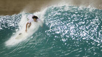 Mohammed Rahma, here honing his moves at the wave pool at Wadi Adventure in Al Ain, takes on the best in the world in an international competition in Peru this weekend. Courtesy Abdel Elecho