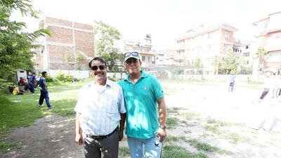 Upendra Bhattarai, left, and Sunil Lama, the owner and coach, respectively, at the Baluwatar Cricket Club training centre in Kathmandu, Nepal. Pawan Singh / The National