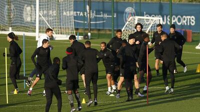 Paris Saint-Germain players train on Monday for their Tuesday night match against Shakhtar Donetsk in the Champions League. Benoit Tessier / Reuters