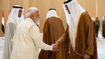 President Sheikh Mohamed and Dr Sultan Al Jaber, Minister of Industry and Advanced Technology, and managing director and group chief executive of Adnoc, with Indian Prime Minister Narendra Modi in Abu Dhabi. Photo: UAE Presidential Court