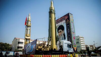 A display featuring missiles and a portrait of Iran's Supreme Leader Ayatollah Ali Khamenei is seen at Baharestan Square in Tehran, Iran September 27, 2017. Nazanin Tabatabaee Yazdi / TIMA