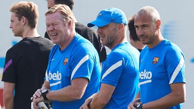 Barcelona manager, Ronald Koeman alongside his assistants Alfred Schreuder and Henrik Larsson. EPA