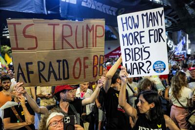 Families of Israeli hostages organised a protest outside the Defence Ministry headquarters in Tel Aviv at the weekend. AFP
