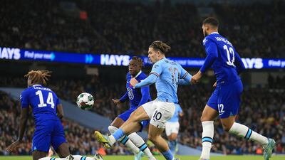 Manchester City's Jack Grealish takes a shot. AFP