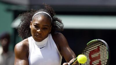 Serena Williams of the US returns to Elena Vesnina of Russia during their women’s singles match on day eleven of the Wimbledon Tennis Championships in London, Thursday, July 7, 2016. (AP Photo/Kirsty Wigglesworth)