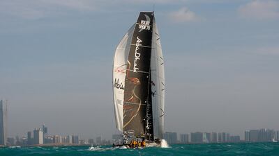 Abu Dhabi, United Arab Emirates, Jan 4 2012, Volvo Ocean Race , Abu Dhabi- The Abu Dhabi boat Azzam crosses the finish line as they complete leg two, Cape Town South Africa to Abu Dhabi. Mike Young / The National