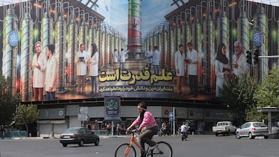 A billboard featuring nuclear centrifuges in Tehran. EPA