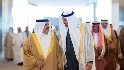 President Sheikh Mohamed receives King Hamad of Bahrain at the Presidential Airport. Abdulla Al Bedwawi / UAE Presidential Court