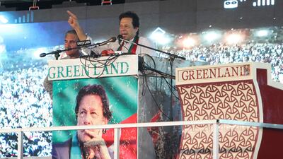 Imran Khan during an election rally in 2018. The Pakistani Prime Minister and the ruling Tehreek-e-Insaf party are facing strong headwinds ahead of the 2023 election. AFP