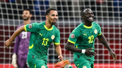 Senegal's Sadio Mane celebrates his goal with Iliman Ndiaye during the Africa Cup of Nations semi-final against Egypt at the Grand Stadium in Tangiers. AFP