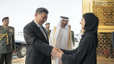 Sheikha Meera bint Hazza bin Zayed Al Nahyan meets with Xi Jinping at the Presidential Airport. Mohamed Al Hammadi/Crown Prince Court - Abu Dhabi