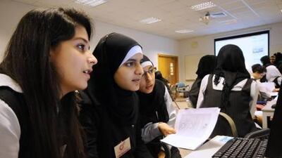 (L to R) Dana Al-Ghadi, Alaa Abdul Fattah and Alia Maker from Al-Shorouq Private School participate in an IT workshop organised by the Techno Girls at Dubai Women's College yesterday.