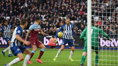 Glenn Murray of Brighton controls the ball before scoring the Brighton's controversial late equaliser at West Ham. Getty