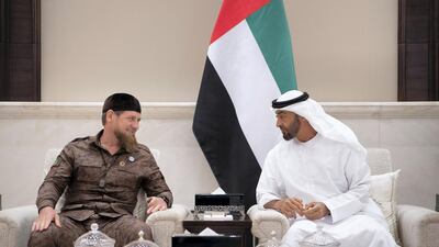 HH Sheikh Mohamed bin Zayed Al Nahyan Crown Prince of Abu Dhabi Deputy Supreme Commander of the UAE Armed Forces (R), speaks with HE Ramzan Kadyrov President of the Chechnya (L), during an iftar reception at Al Bateen Palace. Saeed Al Neyadi / Crown Prince Court - Abu Dhabi