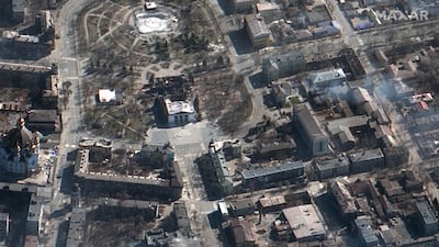 A satellite image shows the aftermath of the Russian air strike on the Mariupol Drama Theatre. EPA/Maxar Technologies
