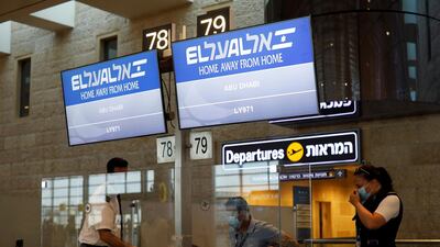 Screens displaying flight number LY971 to Abu Dhabi at Tel Aviv airport. Reuters
