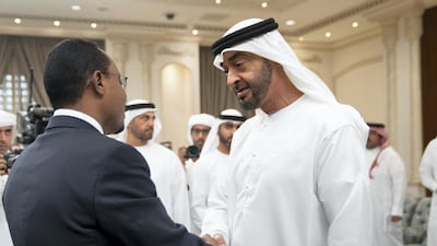 Sheikh Mohamed bin Zayed receives mourners offering condolences on the death of Sheikh Sultan bin Zayed. Abdullah Al Junaibi for the Ministry of Presidential Affairs
