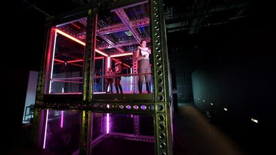 Members of Theater Mitu rehearse for the Hamlet/Ur-Hamlet production inside a boxed stage at the NYUAD Arts Center. The space beneath is just big enough for the garage rock band The Othermen to perform in. Christopher Pike / The National
