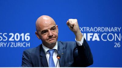 The new FIFA president, Gianni Infantino, gestures during a press conference in Zurich. Richard Heathcote / Getty Images