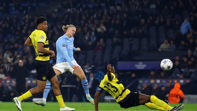 Erling Haaland scores his second and Manchester City's third goal. Reuters