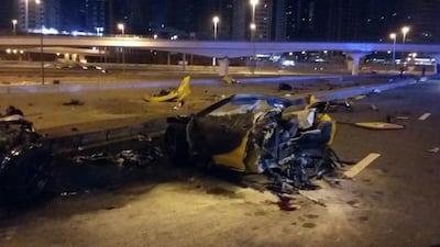 Four people were killed in the early hours of Sunday after their Ferrari hit a pavement and flew into a lamppost. Courtesy Dubai Police