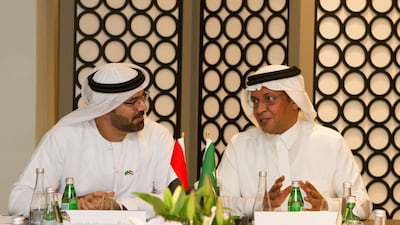 Mohammed Al Gergawi, Minister of Cabinet Affairs and the Future, and Mohammed Al Tuwaijri, the Saudi Arabian minister of economy and planning, co-chair the second Saudi-Emirati Co-ordination Council meeting in September last year. Wam