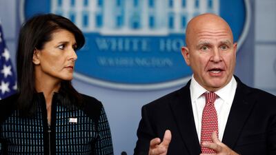 While US ambassador to the UN Nikki Haley, left, is pushing for aggressive confrontation with Iran, national security adviser HR McMaster, along with secretary-of-state Rex Tillerson, are proposing a more pragmatic approach: punish them for misbehaving, but don't rip up existing deals. AP