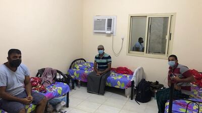 Some of the travellers at their accommodation in Ajman. Courtesy: Dubai KMCC