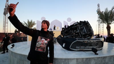 The wreckage of the car that carried Qassem Suleimani and Abu Mahdi Al Muhandis when they were killed in a drone strike in 2020. AFP