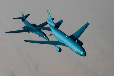 A US Air Force KC-10 Extender refuels a B-1B Lancer over Saudi Arabia on Saturday. US Air Force via AP