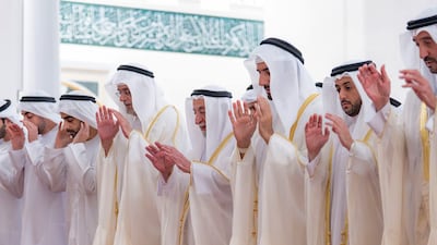 Sheikh Dr Sultan bin Mohammed Al Qasimi, Ruler of Sharjah, leads Eid Al Adha prayers at Sharjah Mosque. Photo: Wam