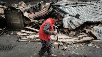 An 81-year-old apple farmer who lost her crop walks with sticks past her neighbours' homes, burned by a wildfire two days ago, in Andong on March 27, 2025. Wildfires in South Korea are now the largest and deadliest on record, having burned more forest and killed more people than any previous blaze, officials said on March 27, as the death toll hit 27. (Photo by Yasuyoshi CHIBA / AFP)