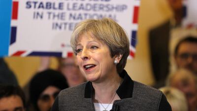 Britain's prime minster Theresa May delivers a stump speech at Netherton Conservative Club during the Conservative Party's election campaign in Dudley. Chris Radburn / Reuters