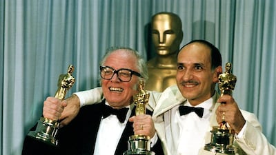 Richard Attenborough, left, and Ben Kingsley with their Oscars, for Gandhi. Reed Saxon / AP Photo