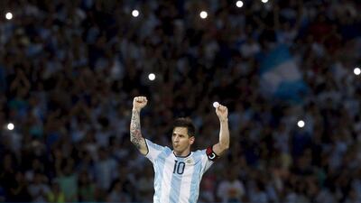 Argentina’s Lionel Messi celebrates after he scored a goal. REUTERS/Enrique Marcarian