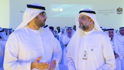 Sheikh Rashid bin Saud bin Rashid Al Mu'alla, Crown Prince of Umm Al Quwain (L), and Sheikh Sultan bin Mohamed Al Qasimi, Crown Prince of Sharjah (R), attend the UAE Government Annual Meeting at the St Regis Saadiyat. Ryan Carter / Ministry of Presidential Affairs