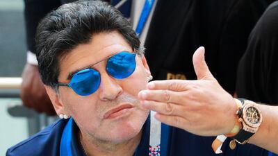 Diego Maradona blows kisses to the crowd during Argentina's last-16 match at the 2018 World Cup against France. Argentina lost the match 4-3. EPA