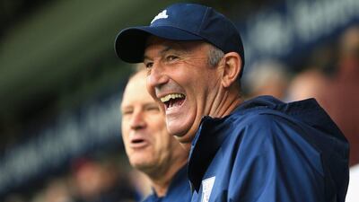 West Bromwich Albion manager Tony Pulis reacts during his side’s win against West Ham. Stephen Pond / Getty Images