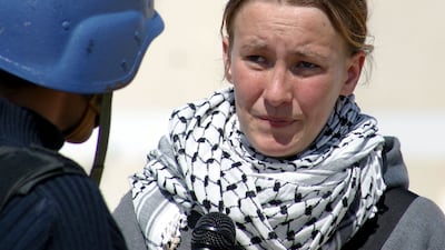 American peace activist Rachel Corrie speaks during an interview in March 2003 in the Rafah refugee camp in the Gaza Strip. Getty