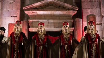 eCircassian dancers from Al-Jeel Al-Jadeed Club (the New Generation Club) perform during the 2019 Jerash Festival of Culture and Arts at the Jerash archeological site, Jerash, some 46 km North of Amman, Jordan. EPA