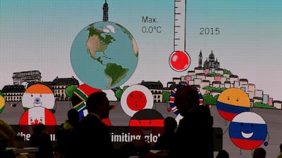 A giant screen featuring information related to global warming at the COP23 United Nations Climate Change Conference in Bonn, Germany. Patrik Stollarz/AFP