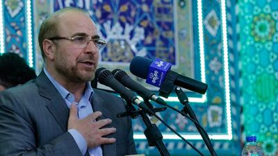 Iranian presidential candidate Mohammad Bagher Ghalibaf, pictured here speaking during a rally on May 14, 2017 in the city of Varamin, has withdrawn from the race. Abedin Taherkenareh / EPA