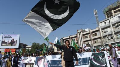 Supporters of Imran Khan's Tehreek-e-Labbaik Pakistan party march during an anti-Indian protest in Karachi. AFP