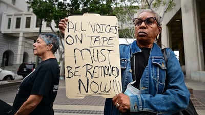 Veronica Sance participates in a rally outside City Hall to denounce racism and demand change on October 11, 2022 in Los Angeles, California, in response to a recorded, racially charged leaked conversation between leaders at City Hall and the Los Angeles County Federation of Labor President. - Los Angeles City Councilwoman Nury Martinez is facing a torrent of criticism and calls for her resignation following the release of a taped recording from almost a year ago of racially charged remarks she made. (Photo by Frederic J. BROWN / AFP)
