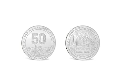 The silver coin also features the Knowledge Centre of MBZUAI alongside the years 2020 and 2025. UAE Central Bank