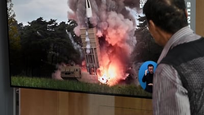 A man watches video footage of a North Korean missile launch on the news at a railway station in Seoul on September 10, 2019. AFP